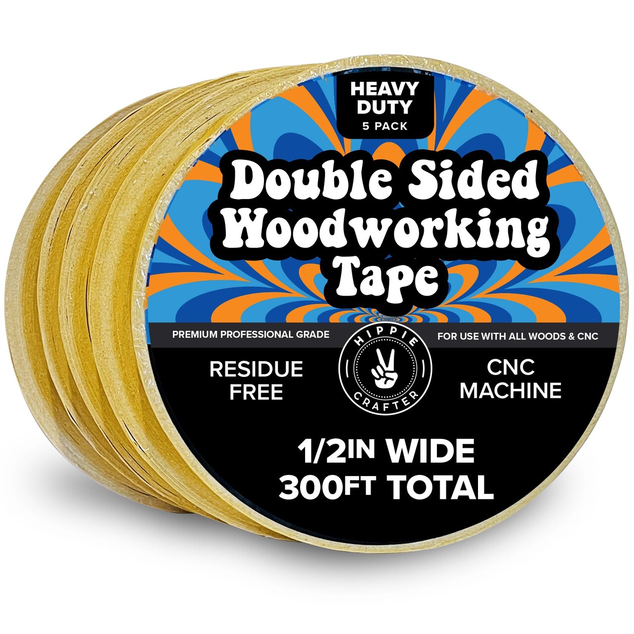 5 Pk Double Stick Tape Double Sided Woodworking Tape Double Sided 1/2" inch Wide Wood Tape for Woodworkers CNC Machines Routing Templates Strong Heavy Duty 60 Feet Each (300FT Total)